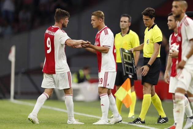 (L-R) Klaas Jan Huntelaar of Ajax, Kaj Sierhuis of Ajax during the UEFA Champions League second round qualifying first leg match between Ajax Amsterdam and Sturm Graz at the Johan Cruijff Arena on July 25, 2018 in Amsterdam, The Netherlands UEFA Champions League 2018 2019 xVIxVIxImagesx xMauricexvanxSteenxIVx 11586897