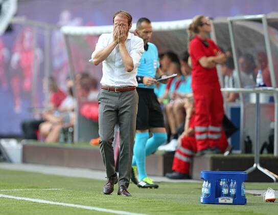 26.07.2018, Fussball UEFA Europa League 2018 2019, 2. Qualifikationsrunde, RB Leipzig - BK Häcken, in der Red Bull Arena Leipzig. Trainer Andreas Alm (BK Häcken) enttäuscht