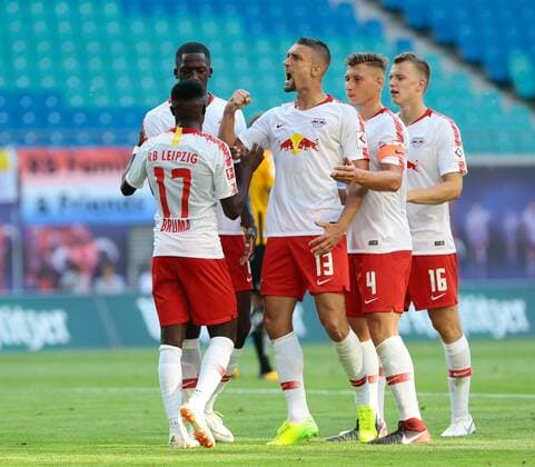 26.07.2018, xtgx, Fussball Europa League Qualifikation 2.Runde, RB Leipzig - BK Haecken emspor, v.l. Bruma (Leipzig, 17), Ibrahima Konate (Leipzig, 6), Stefan Ilsanker (Leipzig, 13), Willi Orban (Leipzig), Lukas Klostermann (Leipzig, 16) Jubel, Torjubel, jubelt über das Tor, celebrate the goal, celebration Leipzig