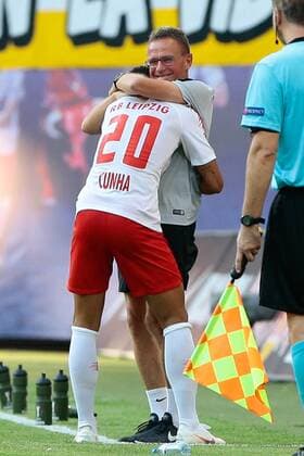26.07.2018, xtgx, Fussball Europa League Qualifikation 2.Runde, RB Leipzig - BK Haecken emspor, v.l. nach Tor zum 2:0, Mateus Cunha (Leipzig, 20) und Ralf Rangnick (Leipzig, Trainer) Jubel, Torjubel, jubelt über das Tor, celebrate the goal, celebration Leipzig