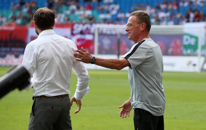 RB Leipzig - BK Haecken Fussball Euro League Quali Leipzig, 26.07.2018, Red Bull Arena, Fussball, Qualifikation zur UEFA Europa League , RB Leipzig vs. BK Häcken ((SWE) , Im Bild: Trainer Andreas Alm ( BK Häcken) und Ralf Rangnick, RB Leipzig Cheftrainer und Sportdirektor ,