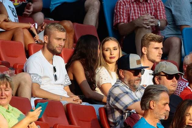26.07.2018, xtgx, Fussball Europa League Qualifikation 2.Runde, RB Leipzig - BK Haecken emspor, v.l. Konrad Laimer (Leipzig, 27), Timo Werner (Leipzig, 11) im Publikum Leipzig