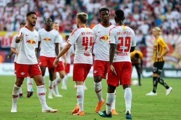 26.07.2018, xtgx, Fussball Europa League Qualifikation 2.Runde, RB Leipzig - BK Haecken emspor, v.l. Jean-Kevin Augustin (Leipzig, 29) Jubel, Torjubel, jubelt über das Tor, celebrate the goal, celebration Leipzig