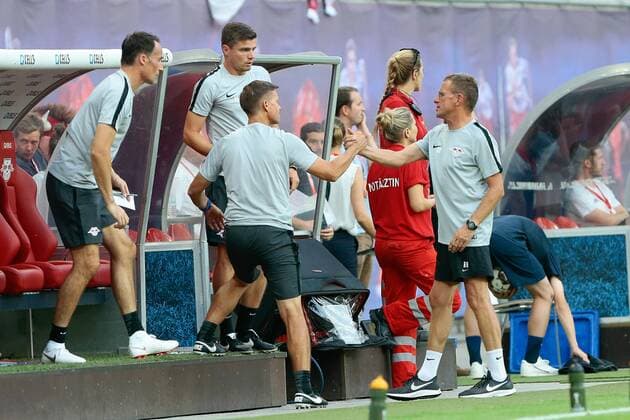 26.07.2018, xtgx, Fussball Europa League Qualifikation 2.Runde, RB Leipzig - BK Haecken emspor, v.l. Ralf Rangnick (Leipzig, Trainer) Jubel über den Sieg, Jubel nach Spielende Leipzig