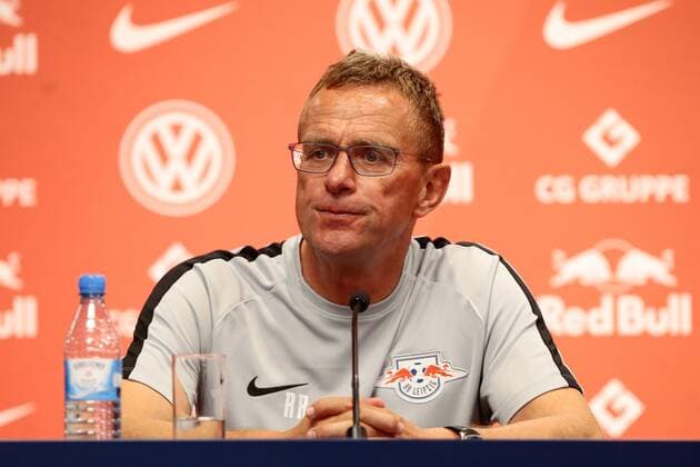 26.07.2018, xtgx, Fussball Europa League Qualifikation 2.Runde, RB Leipzig - BK Haecken emspor, v.l. Ralf Rangnick (Leipzig, Trainer) auf der Pressekonferenz, PK Leipzig