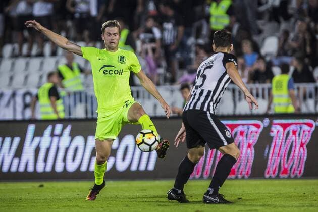 26th July 2018, Partizan Stadium, Belgrade, Serbia; UEFA Europa League 2nd qualifying round, 1st leg, FK Partizan versus FK Trakai; Vaidotas Silenas of Trakai challenges Svetozar Markovic of Partizan  ActionPlus12050700 NikolaxKrstic