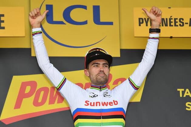 Dutch Tom Dumoulin of Team Sunweb celebrates on the podium after winning the 20th stage of the 105th edition of the Tour de France cycling race, a 31km individual time trial from Saint-Pee-sur-Nivelle to Espelette, France, Saturday 28 July 2018. This year s Tour de France takes place from July 7th to July 29th. DAVIDxSTOCKMAN  x05393974x