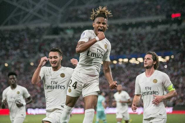 July 28, 2018 - Singapore - CHRISTOPHER NKUNKU of Paris Saint Germain celebrates after scoring a goal during the International Champions Cup match between Arsenal and Paris Saint Germain at the National Stadium. Soccer 2018: Champions Cup: Arsenal 4:1 Paris St Germain  - ZUMA 20180728_mda_h321_011 Copyright: xDanialxHakimx