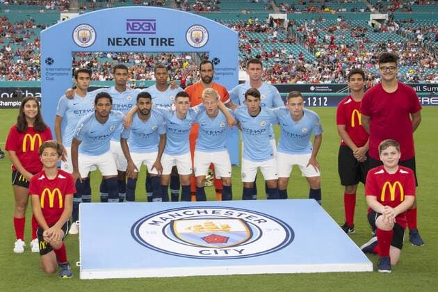 MIAMI GARDENS, FL - JULY 28: The Manchester City FC players pose before the start of the International Champions Cup game between FC Bayern Munich and Manchester City FC on July 28, 2018 at the Hard Rock Stadium in Miami Gardens, Florida. (Photo by Doug Murray Icon Sportswire) SOCCER: JUL 28 International Champions Cup - FC Bayern Munich v Manchester City FC Icon79620180728006 EDITORIAL USE ONLY