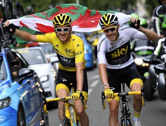 PARIS CHAMPS-ELYSEES, FRANCE - JULY 29 : THOMAS Geraint (GBR) of Team SKY, ROWE Luke (GBR) of Team SKY during stage 21 of the 105th edition of the 2018 Tour de France cycling race, a stage of 116 kms between Houilles and Paris Champs-Elysees on July 29, 2018 in Paris Champs-Elysees, France, 29 07 18 CYCLISME : Tour de France - Etape 21 - Houilles Paris Champs-Elysees - 29 07 2018 PhotoNews Panoramic 