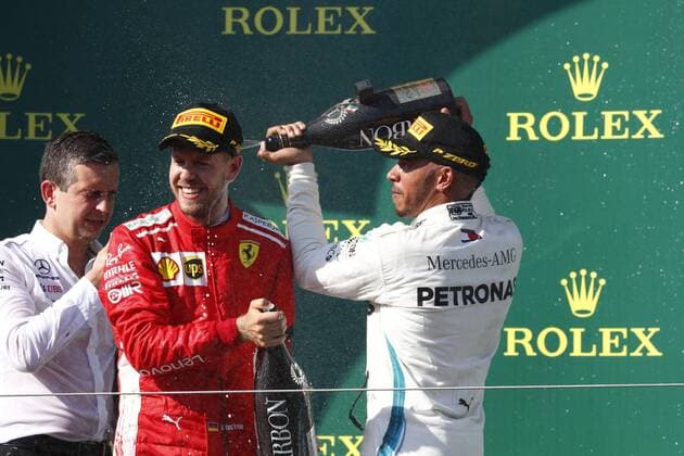 Motorsports: FIA Formula One World Championship WM Weltmeisterschaft 2018, Grand Prix of Hungary, Riccardo Musconi, 5 Sebastian Vettel (GER, Scuderia Ferrari), 44 Lewis Hamilton (GBR, Mercedes AMG Petronas Motorsport), Budapest Hungary