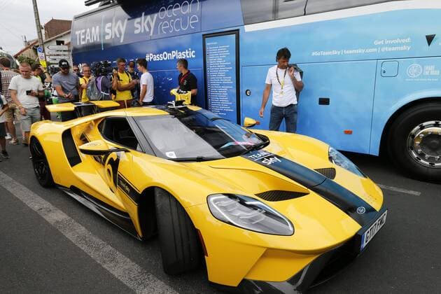 A yellow personalized Ford GT sports car, pictured after the last stage of the 105th edition of the Tour de France cycling race, 116km from Houilles to Paris, France, Sunday 29 July 2018. This year s Tour de France takes place from July 7th to July 29th. POOLxYUZURUxSUNADA  x05395154x