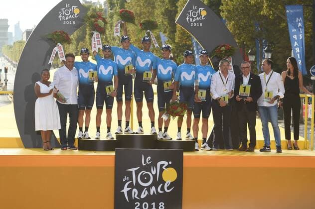 29-07-2018 Tour De France; Tappa 21 Houilles - Paris; 2018, Movistar; Garcia, Acosta Jose Vicente; Unzue, Eusebio; Arrieta, Jose Luis; Paris; 