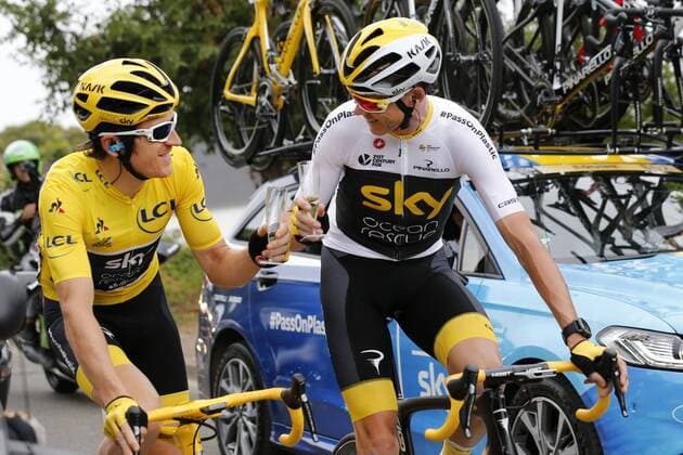 British Geraint Thomas of Team Sky and British Chris Froome of Team Sky pictured with champagne during the last stage of the 105th edition of the Tour de France cycling race, 116km from Houilles to Paris, France, Sunday 29 July 2018. This year s Tour de France takes place from July 7th to July 29th. YUZURUxSUNADA  x05395235x