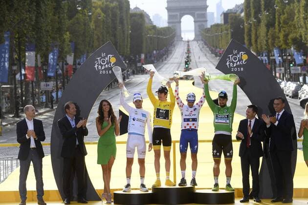 PARIS CHAMPS-ELYSEES, FRANCE - JULY 29 : LATOUR Pierre Roger (FRA) of AG2R La Mondiale, THOMAS Geraint (GBR) of Team SKY, ALAPHILIPPE Julian (FRA) of Quick - Step Floors, SAGAN Peter (SVK) of Bora - Hansgrohe pictured on the podium during stage 21 of the 105th edition of the 2018 Tour de France cycling race, a stage of 116 kms between Houilles and Paris Champs-Elysees on July 29, 2018 in Paris Champs-Elysees, France, 29 07 18 CYCLISME : Tour de France - Etape 21 - Houilles Paris Champs-Elysees - 29 07 2018 PhotoNews Panoramic 