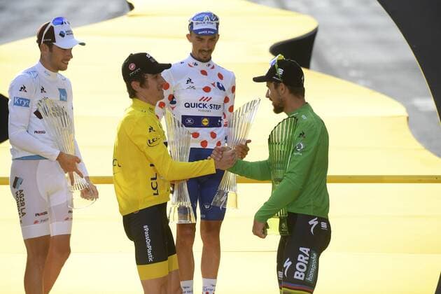 PARIS CHAMPS-ELYSEES, FRANCE - JULY 29 : LATOUR Pierre Roger (FRA) of AG2R La Mondiale, THOMAS Geraint (GBR) of Team SKY, ALAPHILIPPE Julian (FRA) of Quick - Step Floors, SAGAN Peter (SVK) of Bora - Hansgrohe pictured on the podium during stage 21 of the 105th edition of the 2018 Tour de France cycling race, a stage of 116 kms between Houilles and Paris Champs-Elysees on July 29, 2018 in Paris Champs-Elysees, France, 29 07 18 CYCLISME : Tour de France - Etape 21 - Houilles Paris Champs-Elysees - 29 07 2018 PhotoNews Panoramic 