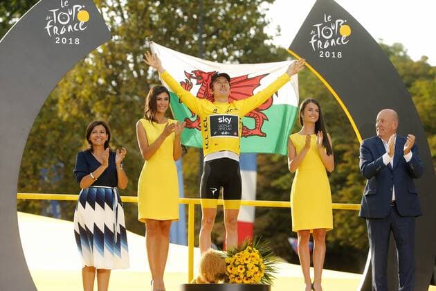 PARIS CHAMPS-ELYSEES, FRANCE - JULY 29 : THOMAS Geraint (GBR) of Team SKY pictured on the podium during stage 21 of the 105th edition of the 2018 Tour de France cycling race, a stage of 116 kms between Houilles and Paris Champs-Elysees on July 29, 2018 in Paris Champs-Elysees, France, 29 07 18 CYCLISME : Tour de France - Etape 21 - Houilles Paris Champs-Elysees - 29 07 2018 PhotoNews Panoramic 