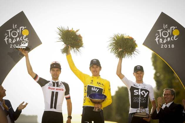 PARIS CHAMPS-ELYSEES, FRANCE - JULY 29 : DUMOULIN Tom (NED) of Team Sunweb, THOMAS Geraint (GBR) of Team SKY and FROOME Chris (GBR) of Team SKY during stage 21 of the 105th edition of the 2018 Tour de France cycling race, a stage of 116 kms between Houilles and Paris Champs-Elysees on July 29, 2018 in Paris Champs-Elysees, France, 29 07 18 CYCLISME : Tour de France - Etape 21 - Houilles Paris Champs-Elysees - 29 07 2018 PhotoNews Panoramic 