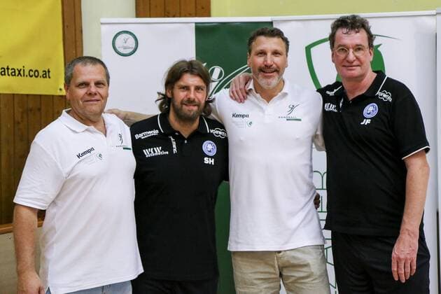 Heinz Peterka, Sebastian Hinze (Trainer, Bergischer HC), Didi Peißl und Jörg Föste (Geschäftsführer, Bergischer HC) Fivers WAT Margareten HC vs Bergischer HC, Handball, Testspiel, 29.07.18 Köflach Lipizanerheimat Österreich Sporthalle Köflach