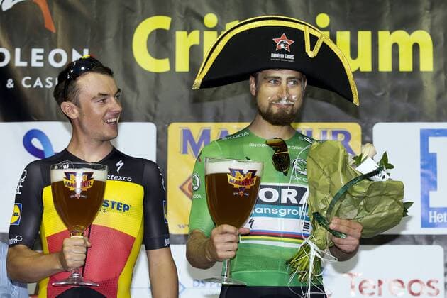 Sport Themen der Woche KW31 Sport Bilder des Tages Belgian Yves Lampaert of Quick-Step Floors and Slovak Peter Sagan of Bora-Hansgrohe celebrate on the podium after the 83rd edition of the Natourcriterium Aalst cycling race, Monday 30 July 2018 in Aalst. The contest is a part of the traditional criteriums , local races in which mainly cyclists who rode the Tour de France compete. KRISTOFxVANxACCOM  x05395588x