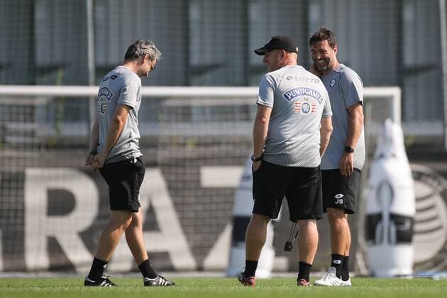 SOCCER - UEFA CL quali, Ajax vs Sturm GRAZ,AUSTRIA,31.JUL.18 - SOCCER - UEFA Champions League qualification, SK Sturm Graz vs AFC Ajax Amsterdam, preview, training Sturm. Image shows assistant coach Guenter Neukirchner, head coach Heiko Vogel and assistant coach Joachim Standfest (Sturm). GEPAxpictures xChristianxWalgram