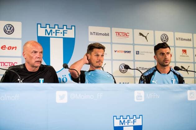 180731 Malmö FFs tränare Uwe Rösler , Markus Rosenberg och Behrang Safari under en presskonferens och träning inför Champions League matchen mellan Malmö FF och Cluj i andra kvalomgangen den 31 juli 2018 i Malmö. Copyright: MATHILDAxAHLBERG BB180731MA003
