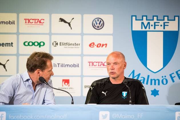 180731 Malmö FFs kommunikationschef Peter hlander och tränare Uwe Rösler under en presskonferens och träning inför Champions League matchen mellan Malmö FF och Cluj i andra kvalomgangen den 31 juli 2018 i Malmö. Copyright: MATHILDAxAHLBERG BB180731MA008