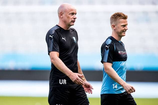 180731 Malmö FFs tränare Uwe Rösler och Anders Christiansen under en presskonferens och träning inför Champions League matchen mellan Malmö FF och Cluj i andra kvalomgangen den 31 juli 2018 i Malmö. Copyright: MATHILDAxAHLBERG BB180731MA018