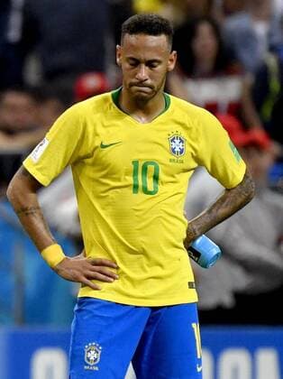 Football: Belgium vs Brazil at World Cup Brazil s Neymar looks dejected after his team was defeated by Belgium 2-1 in a World Cup quarterfinal in Kazan, Russia, on July 6, 2018. 