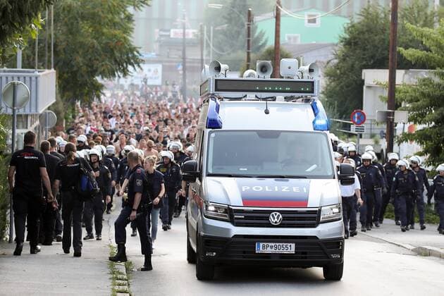 SOCCER - UEFA CL quali, Sturm vs Ajax GRAZ,AUSTRIA,01.AUG.18 - SOCCER - UEFA Champions League qualification, SK Sturm Graz vs AFC Ajax Amsterdam. Image shows fans of Ajax and police. GEPAxpictures xChristianxWalgram