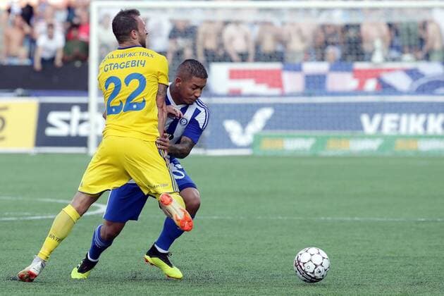 Igor Stasevich 22, BATE, BLR and Moshtagh Yaghoubi 10, HJK Helsinki, FIN during their UEFA Champions League 2QR match HJK Helsinki - BATE in Telia 5G Arena 1. August 2018 in Helsinki, Finland.  Copyright: xMattixMatikainenx NP24_00311722