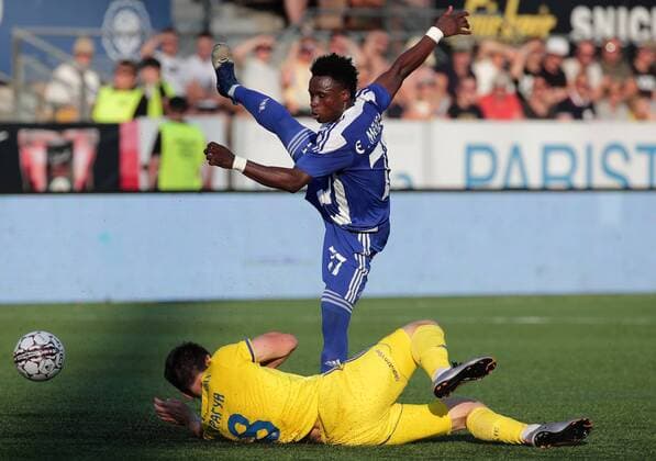 Stanislav Dragun 8, BATE, BLR and Evans Mensah 77, HJK Helsinki, FIN during their UEFA Champions League 2QR match HJK Helsinki - BATE in Telia 5G Arena 1. August 2018 in Helsinki, Finland.  Copyright: xMattixMatikainenx NP24_00311727