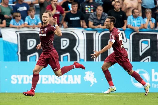 180801 Ciprian Deac of Cluj celebrates after scoring 0-1 during the UEFA Champions League qualifying match between Malmö FF and Cluj on August 1, 2018 in Malmö. Photo: Mathilda Ahlberg BILDBYRAN Cop 178 Copyright: MATHILDAxAHLBERG BB180801MA015