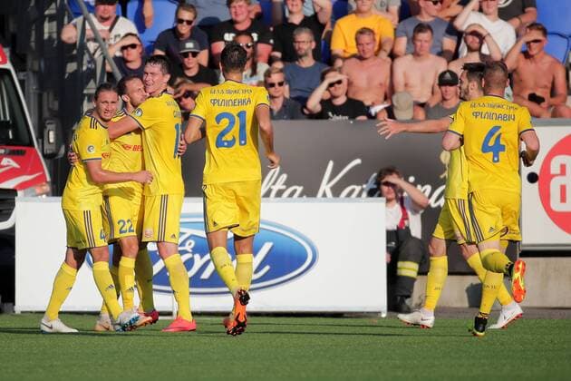 Fußball, CL Qualifikation, HJK Helsinki - BATE Baryssau Goal maker Igor Stasevich 22, BATE, BLR and the team celerates their 2nd goal (0-2) during their UEFA Champions League 2QR match HJK Helsinki - BATE in Telia 5G Arena 1. August 2018 in Helsinki, Finland.  Copyright: xMattixMatikainenx NP24_00311929