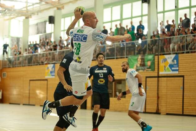 01.08.2018, xtgx, Handball Testspiel, SC Magdeburg - Japan, emspor, v.l. Robert Weber (Magdeburg, 28) wirft Tor, Torschütze, erzielt Tor, Treffer, scores the goal Beetzendorf