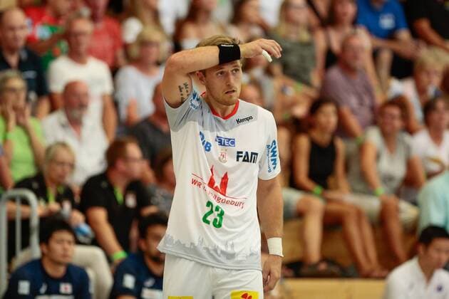 01.08.2018, xtgx, Handball Testspiel, SC Magdeburg - Japan, emspor, v.l. Albin Lagergren (Magdeburg) erschöpft Beetzendorf