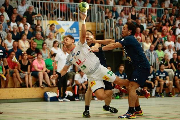 01.08.2018, xtgx, Handball Testspiel, SC Magdeburg - Japan, emspor, v.l. Albin Lagergren (Magdeburg) wirft Tor, Torschütze, erzielt Tor, Treffer, scores the goal Beetzendorf
