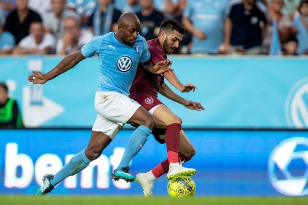 180801 Fouad Bachirou of Malmö FF and Sebastian Mailat of Cluj during the UEFA Champions League qualifying match between Malmö FF and Cluj on August 1, 2018 in Malmö. Photo: Mathilda Ahlberg BILDBYRAN Cop 178 Copyright: MATHILDAxAHLBERG BB180801MA030