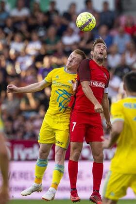 Jakob Poulsen ( 7 - FC Midtjylland ) in action with Laszlo Kleinheisler ( 6 - FC Astana ) during UEFA Champions League, Second Qualifying Round between FC Midtjylland and FC Astana, August 1, 2018 in ARENA Herning, Denmark. , Herning Denmark  BoxAmstrupx cop103 spdk20180801-213628-L
