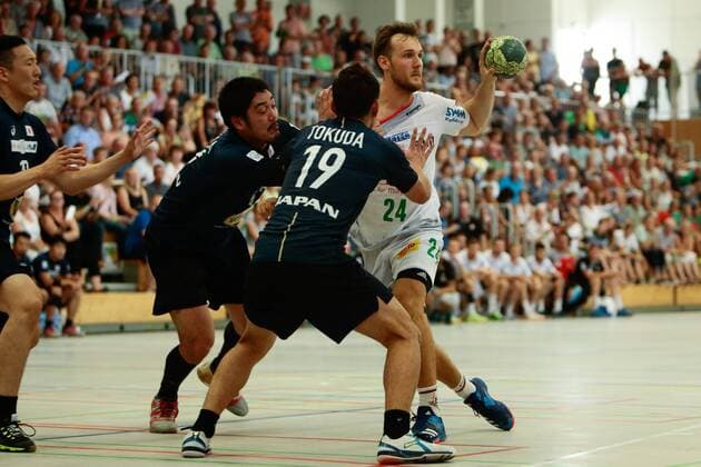01.08.2018, xtgx, Handball Testspiel, SC Magdeburg - Japan, emspor, v.l. Christian O Sullivan (Magdeburg, 24) am Ball Beetzendorf