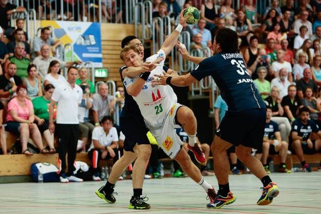 01.08.2018, xtgx, Handball Testspiel, SC Magdeburg - Japan, emspor, v.l. Albin Lagergren (Magdeburg) wirft Tor, Torschütze, erzielt Tor, Treffer, scores the goal Beetzendorf