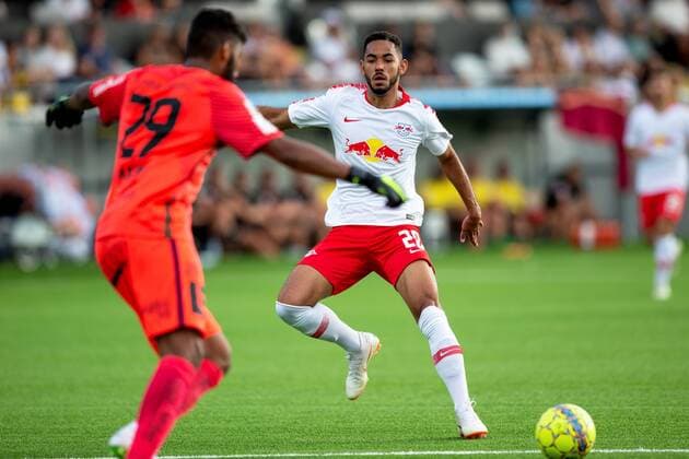 180802 Jonathan Ursin Rasheed of Häcken and Matheus Cunha of Leipzig during the UEFA Europa League qualifying match between Häcken and RB Leipzig on August 2, 2018 in Gothenburg. Copyright: MICHAELxERICHSEN BB180802MI024