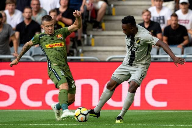180802 Karlo Bartolec of Nordsjälland and Heradi Rashidi of AIK during the UEFA Europa League qualifying match between AIK and Nordsjälland on August 2, 2018 in Stockholm. Copyright: JONATHANxNÄCKSTRAND BB180802JN009