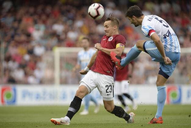 L-R Josef Sural (Sparta) and Dejan Kerkez (Subotica) in action during a return match of 2nd qualifying round of UEFA Europa League between AC Sparta Praha and FK Spartak Subotica, in Prague, Czech Republic, on August 2, 2018. (CTKxPhoto KaterinaxSulova) CTKPhotoP201808020817001  _SUK3713