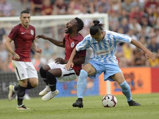 L-R Guelor Kanga (Sparta), front, and Noboru Shimura (Subotica) in action during a return match of 2nd qualifying round of UEFA Europa League between AC Sparta Praha and FK Spartak Subotica, in Prague, Czech Republic, on August 2, 2018. (CTKxPhoto KaterinaxSulova) CTKPhotoP201808020819201  _SUK3765