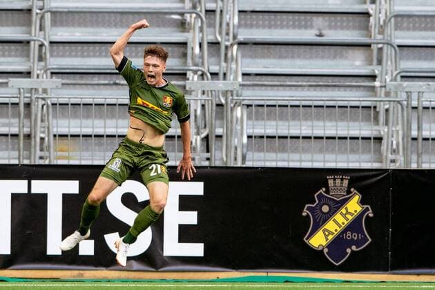 180802 Andreas Olsen of Nordsjälland celebrates after scoring 0-1 during the UEFA Europa League qualifying match between AIK and Nordsjälland on August 2, 2018 in Stockholm. Copyright: JONATHANxNÄCKSTRAND BB180802JN018