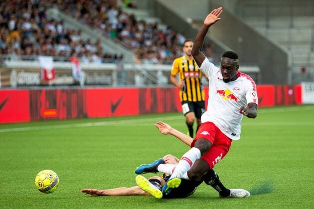 180802 Gustav Berggren of Häcken and Jean-Kevin Augustin of Leipzig during the UEFA Europa League qualifying match between Häcken and RB Leipzig on August 2, 2018 in Gothenburg. Copyright: MICHAELxERICHSEN BB180802MI041
