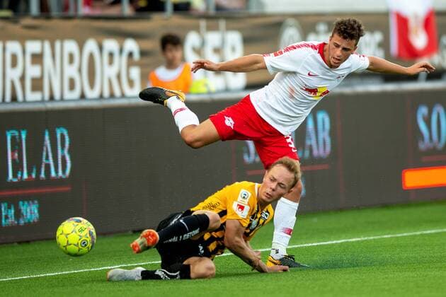 180802 Adam Andersson of Häcken and Massimo Bruno of Leipzig during the UEFA Europa League qualifying match between Häcken and RB Leipzig on August 2, 2018 in Gothenburg. Copyright: MICHAELxERICHSEN BB180802MI044