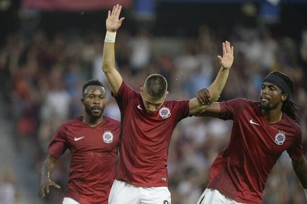 L-R Guelor Kanga, Srdjan Plavsic and Costa Nhamoinesu (all Sparta) celebrate 2nd goal during a return match of 2nd qualifying round of UEFA Europa League between AC Sparta Praha and FK Spartak Subotica, in Prague, Czech Republic, on August 2, 2018. (CTKxPhoto KaterinaxSulova) CTKPhotoP201808020879301  suk5