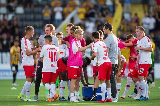 180802 The players of Leipzig after the UEFA Europa League qualifying match between Häcken and RB Leipzig on August 2, 2018 in Gothenburg. Copyright: MICHAELxERICHSEN BB180802MI054